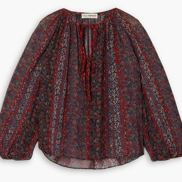 Ulla Johnson Women's Navy Red Floral Print Deetra Silk Peasant Blouse Size 6 - Picture 6 of 16